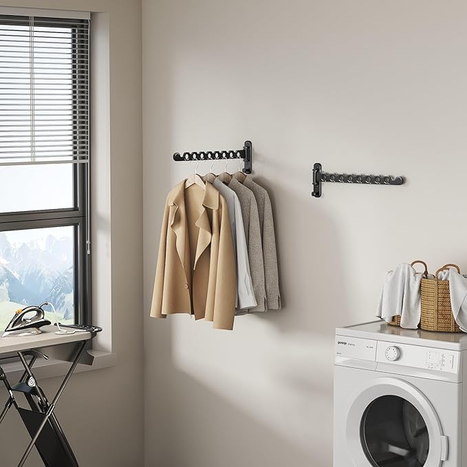Wall Mounted Clothes Hanger Rack Foldable Drying Rack Hook Folding Indoor for Laundry Room Organization Bedroom Collapsible Racks Perfect for Small Spaces, 8 Hole Black 2 Packs