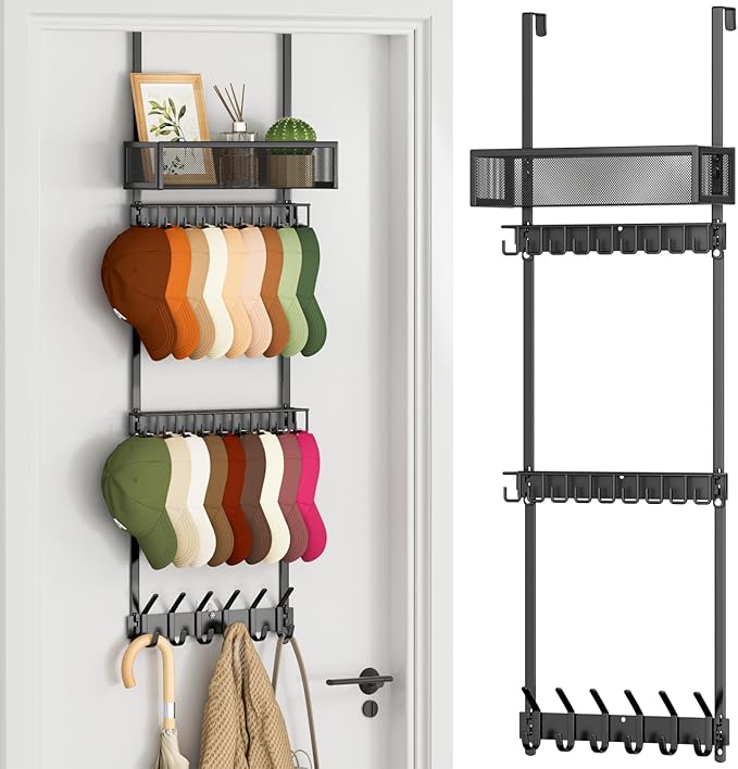 3 Tier Over Door Hat Rack with Basket - Hat Organizer Holder for Baseball Cap with 24 Hooks（2-Tier 9-Hook & 1-Tier 6-Hook）,Hat Hanger Storage Holds up to 24+ Caps for Door, Bedroom, Closet (Black)