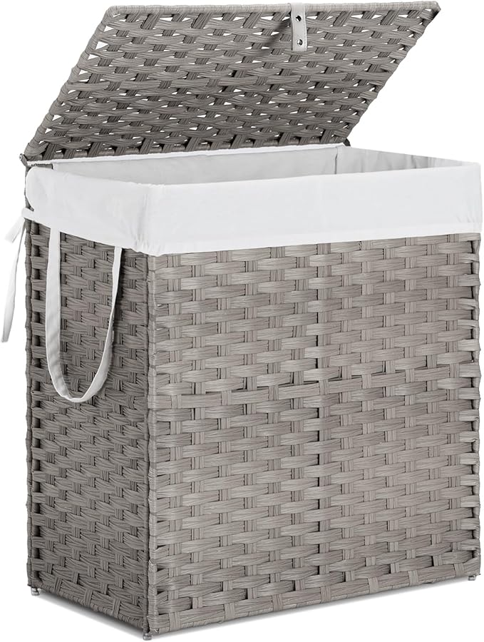 DUMOS Woven Laundry Basket with Lid, 110L Large Capacity Hamper, Removable & Machine-Washable Liner, Foldable Rattan Clothes Hamper, Sturdy Steel Frame, Odor Control, Dove Gray