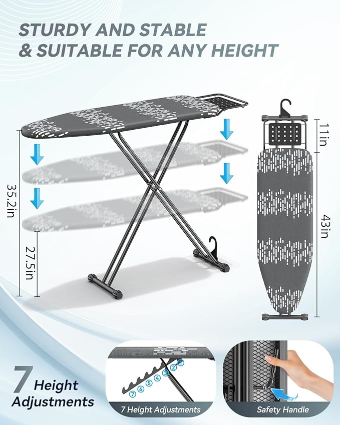 Ironing Board Full Size 54"x13" - Adjustable Height Foldable Iron Board with Iron Rest, Heat-Resistant Cover & Ultra Thick Padding - Heavy-Duty Sturdy Design, Space-Saving Ironing Table (Grey)