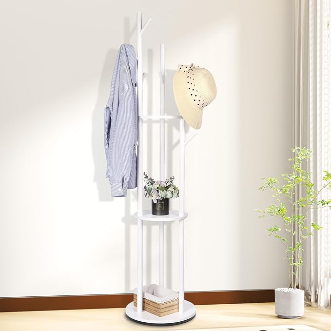 Wood Coat Rack with 3 Shelves and 9 Hooks, Freestanding Rotary Coat Tree for Entryway, Bedroom, Living Room, Hallway – Holds Jackets, Coats, Hats, Bags (White)