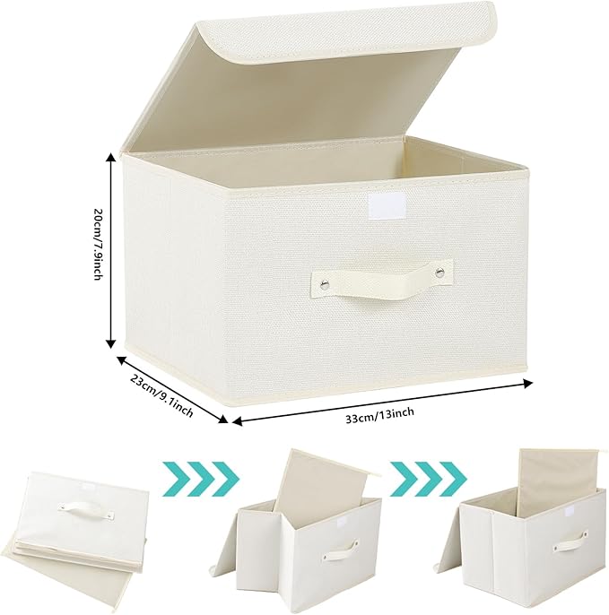 Fabric Storage Bins Cube Organizers with Flip-Top Lid and Handles,Storage Boxes for Organizing Home,Office,and Closet,Beige,3 Pack 13X9.1X7.9 in