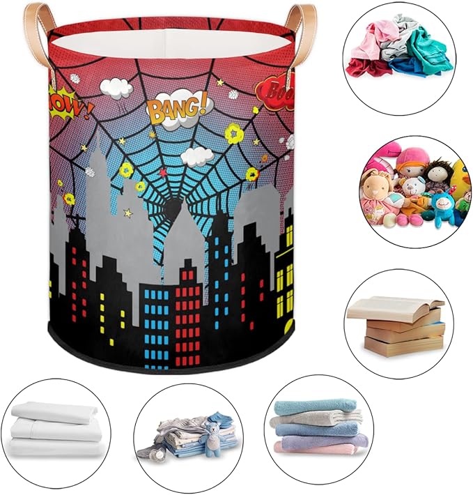 Dirty Clothes Hamper for Boys Laundry Basket City Skyline Spider Web Collapsible Large Round Storage Bin Organizer for Living Room Bedroom Playroom