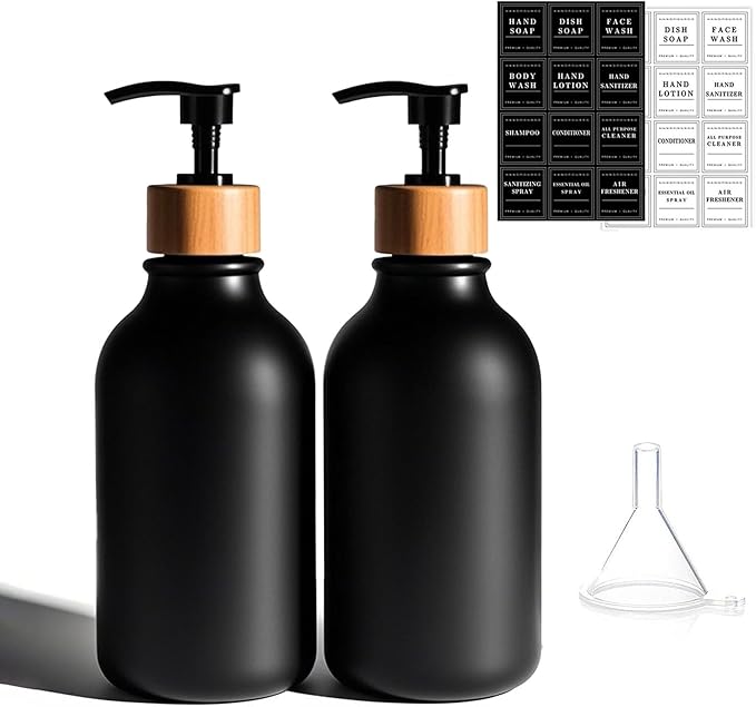 2PACK 16.9Oz Soap Dispenser Bottle, Bamboo Lid Soap Bottle with Anti-Rust Pump, Hand Dish Soap Dispenser for Kitchen, Shampoo Lotion Black Soap Dispensers for Bathroom