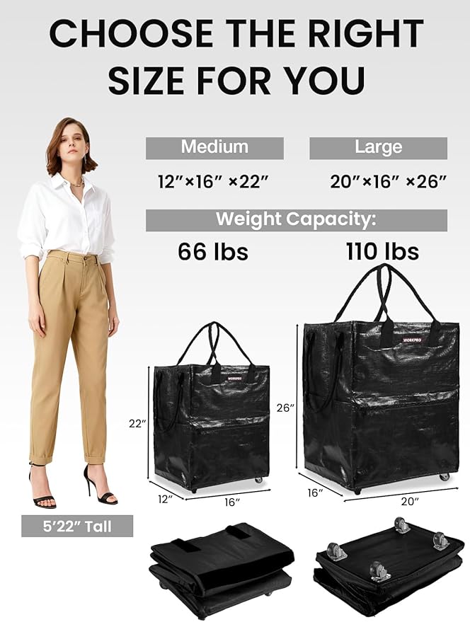 WORKPRO Medium Reusable Grocery Bag on Wheels, Heavy Duty Rolling Shopping Tote with Handle, Folding Trolley on 4 Caster Wheels for Groceries, Laundry, Camping, Moving