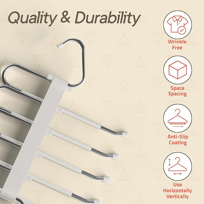 Space Saving Pants Hangers 4 Pack, 6 Layer Jeans Hangers and Closet Organizer for Jeans, Scarves, & Skirts, Multi-Layer Hanger with Anti-Slip Stopper, Heavy-Duty S-Type Stainless Steel, White