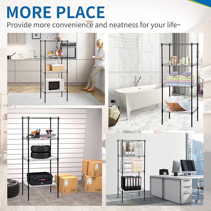 YRLLENSDAN Wire Shelving Unit with PP Liners, 4 Tier Metal Storage Shelves for Laundry Room Organization, Closet Shelf Organizer, Kitchen Rack, Garage Storage, Black, 18" x 12" x 44" ﻿