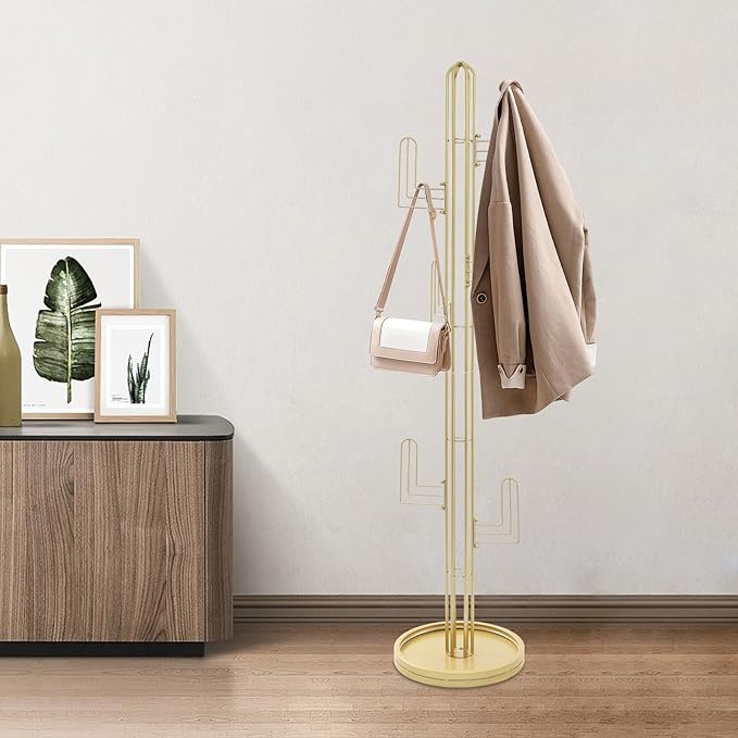Cactus Coat Rack, Freestanding Coat Rack With 6 Hooks, Modern Metal Coat Racks with Round Base, Gold Cactus Shape Clothing Stand for Bedroom, Office (Gold)