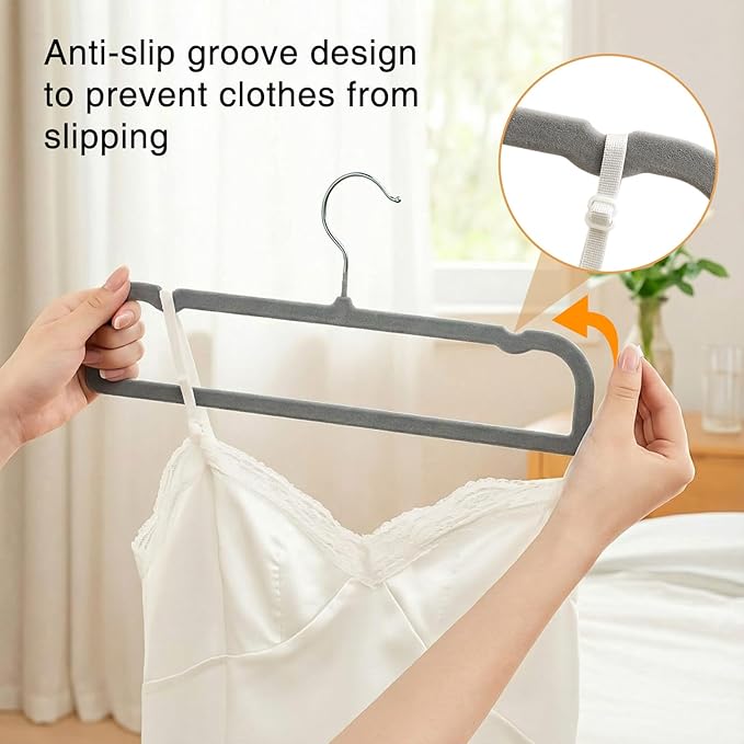 60sets/120pcs Velvet Pants Hangers Non Slip Grey Felt Hangers with 60 Cascading Hooks, Space Saving 360 Degree Swivel Hook Closet Organizer for Jeans, Trousers, Leggings, Tank Top, Shorts and Skirts
