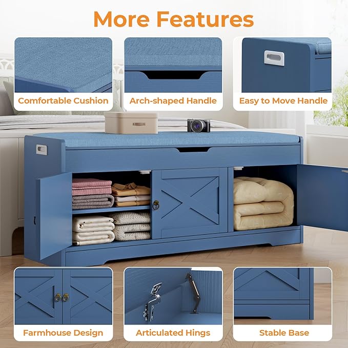 Farmhouse Shoe Storage Bench, Entryway Bench with Cushion Seat, Lift Top Storage, Adjustable Shelf, 3 Doors, 330 lbs Capacity, Storage Bench for Entryway, Bedroom, Living Room (Blue)