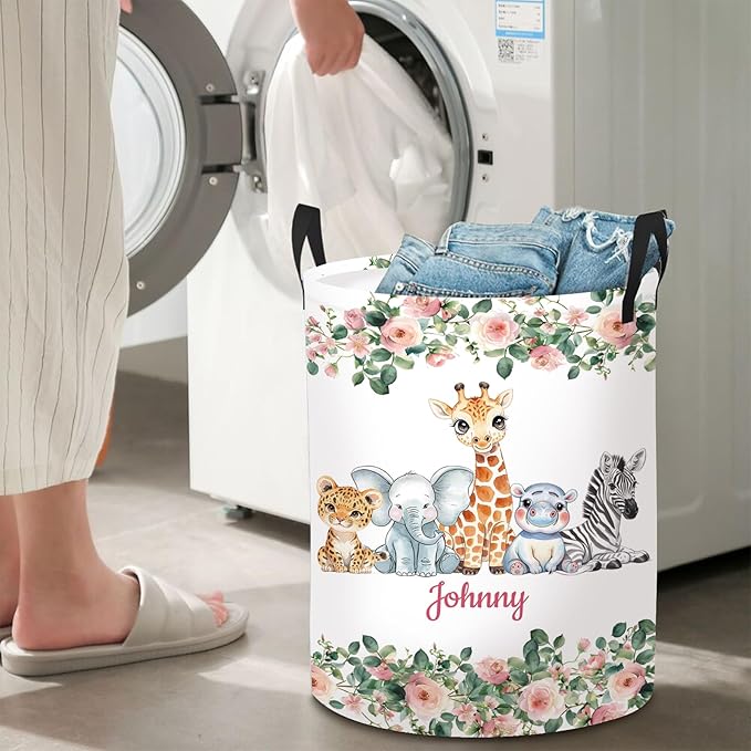 Custom Woodland Animals Laundry Basket for Kids, Personalized Name Baby Dirty Clothes Basket with Name and Handles, Customize Laundry Hamper, Personalized Laundry Basket for Nursery Girl