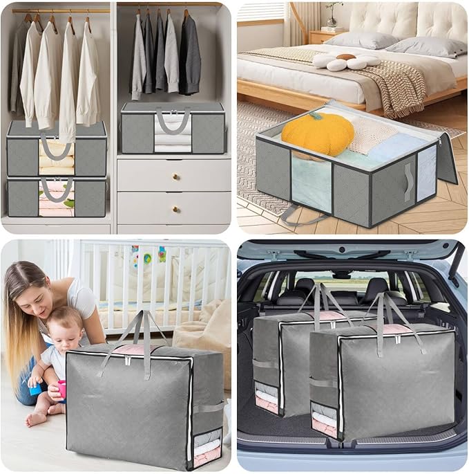 4Pack 105L Extra Large Blanket Storage Bags, Foldable Comforter Storage Bag for Bedding Pillow Sheet Clothes with Handles Zippers Clear Window Closet Organizers and Storages, Grey
