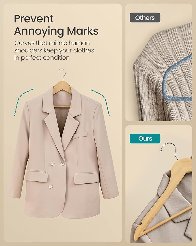 SONGMICS Wooden Hangers, Pack of 20, Coat Hangers, Pants Bar, 360° Swivel Hooks, Solid Birch Wood, 0.3-Inch Thick, Space Saving, for Jackets, Shirts, Coats, Natural Beige UCRW040K01