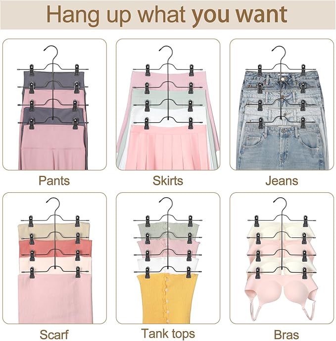 TOPIA HANGER 4 Tier Black Skirt Hangers for Women, Pants Hanger Space Saving with Adjustable Clips, Save 80% More Space, Clip Hanger for Slacks, Trousers, Shorts, Jeans, Towels, 4-Pack, CT75B