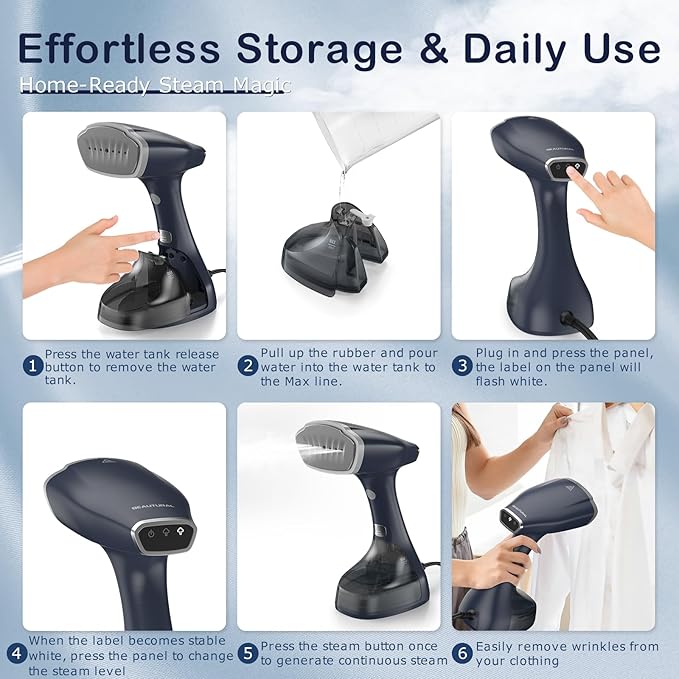 BEAUTURAL Handheld Garment Steamer for Clothes, Handheld Steamer with Foldable Design, Easy to Remove Wrinkles, 1500W, 25-Second Fast Heat up, 2 Steam Level Setting with Continuous Steaming