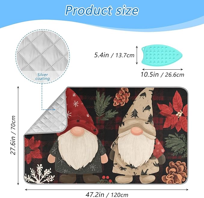 Ironing Mat Pad for Table Portable Travel Iron Blanket Ironing Board Covers Pressing Mat Heat Press Pads 27.6x47.2 Inches Checkered Christmas Floral Gnomes48