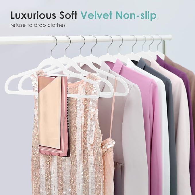 Velvet Hangers Non Slip Felt Hangers, 30 Pack White Velvet Clothes Hangers Space Saving Slim with 360 Degree Swivel Hook for Suits Coats, Jackets, Pants, and Dress Clothes