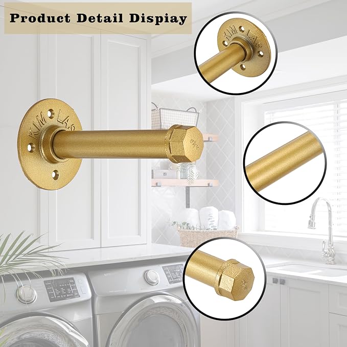 Sumnacon 2 Pcs 5.9 Inch Industrial Pipe Clothes Bar - Heavy Duty Rustic Metal Coat Hanger with Screws, Wall-Mounted Garment Holder Rack for Bedroom/Bathroom/Cabinet/Boutique/Clothing Store, Gold