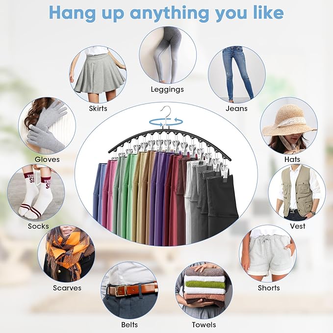 6 Pack Legging Organizer for Closet Hanging, Pants Hangers with Clips Holds 95 Leggings, Shorts, Skirts, Jeans, Hats, Pants Hangers Space Saving Clothes Racks Closet Organizers and Storage, Black