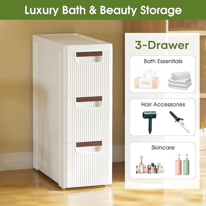3 Drawers Narrow Storage Cabinet, Slim Bathroom Storage Cabinet, Plastic Rolling Cart Organizer for Small Spaces, Laundry, Office, Home, White
