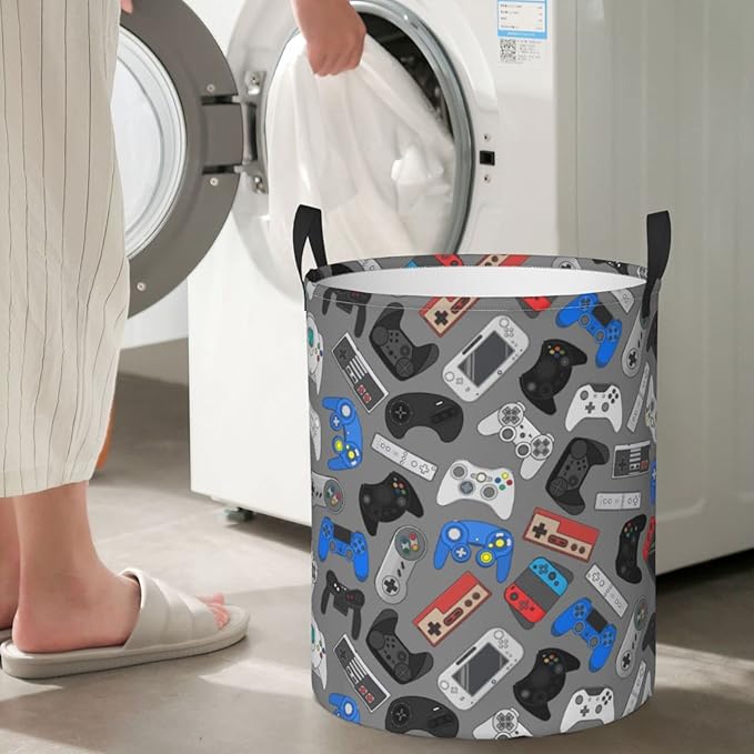 Video Game Controller Grey Background Round Laundry Hamper Gaming Theme Storage Basket Toys Clothes Organizer Bin For Home Bathroom Bedroom Dorm Nursery, 38l