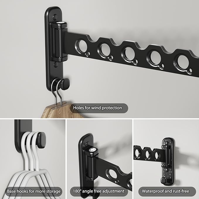 Wall Mounted Clothes Hanger Rack Foldable Drying Rack Hook Folding Indoor for Laundry Room Organization Bedroom Collapsible Racks Perfect for Small Spaces, 6 Hole Black 1 Packs