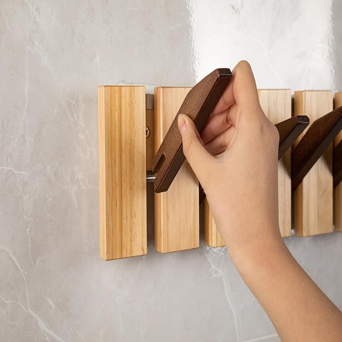 Coat Rack Wall Mount,Modern Coat Rack with 7 Wood Folding Flip-Down Hooks,Wood Coats Rack for Entryway, Bedroom,Bathroom