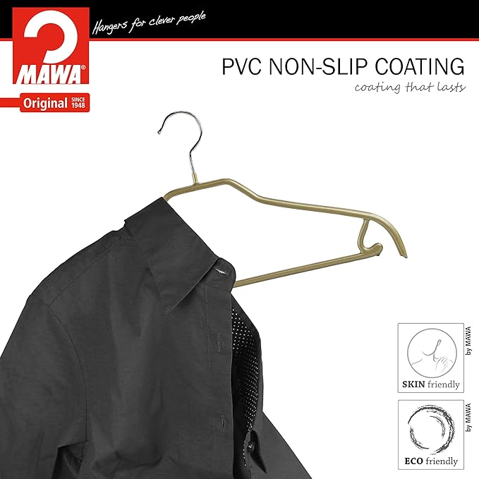 MAWA by Reston Lloyd Silhouette Series Non-Slip Space Saving Clothes Hanger with Bar & Hook for Pants and Skirts, Style 41/FRS, Set of 12, Gold