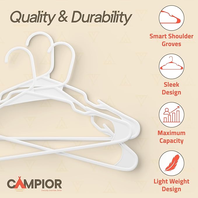 White Plastic Hangers 180 Pack– Heavy-Duty Plastic Hangers Slim and Space-Saving, Durable and Lightweight PP with Non-Slip Shoulder Notches for Slip Dresses, Suits, Jackets & Camisoles