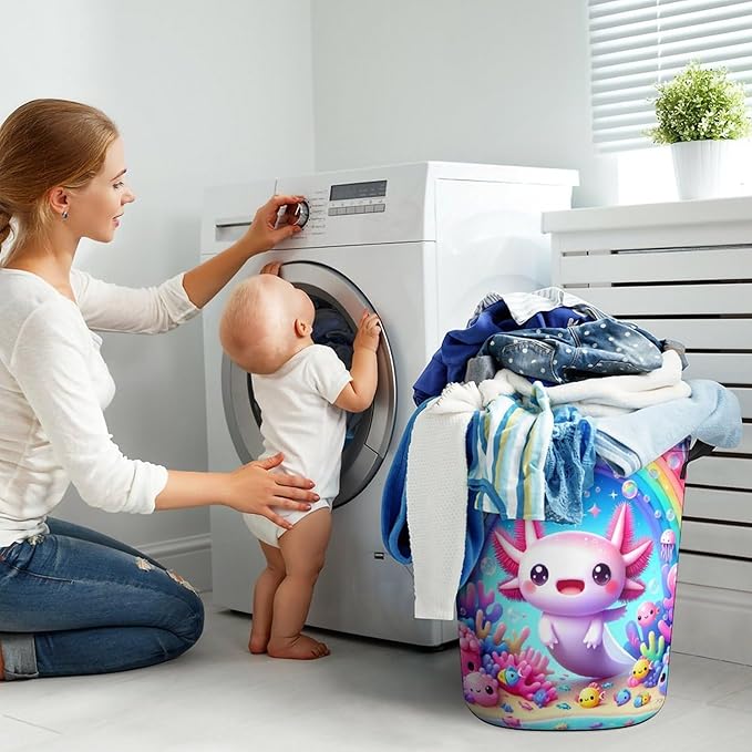 Cute Axolotl Rainbow Laundry Hamper Underwater Coral Hampers for Laundry Dirty Clothes Basket Organizer Room Decor