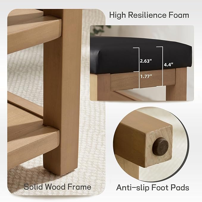 Shoe Rack Bench with Leather Cushion, 2 Tier Solid Wood Storage Bench, Mid-Century Modern Shoe Bench for Entryway, Hallway, Closet, Front Door Entrance, Foyer (Black, 39.4")