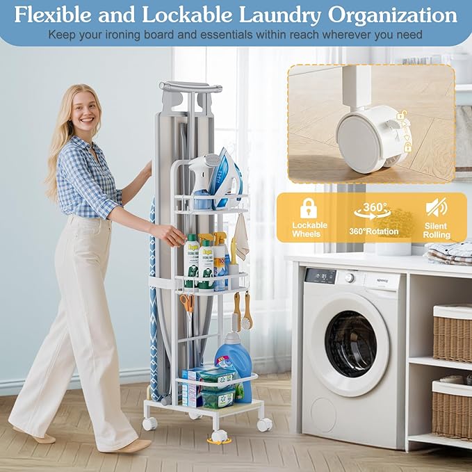 Ironing Board Hanger,Iron and Ironing Board Holder No Wall Mount,Laundry Room Organization and Storage Cart with Iron Stand,Narrow Laundry Shelves Organizer Cabinet,Laundry Room Essentials Accessories