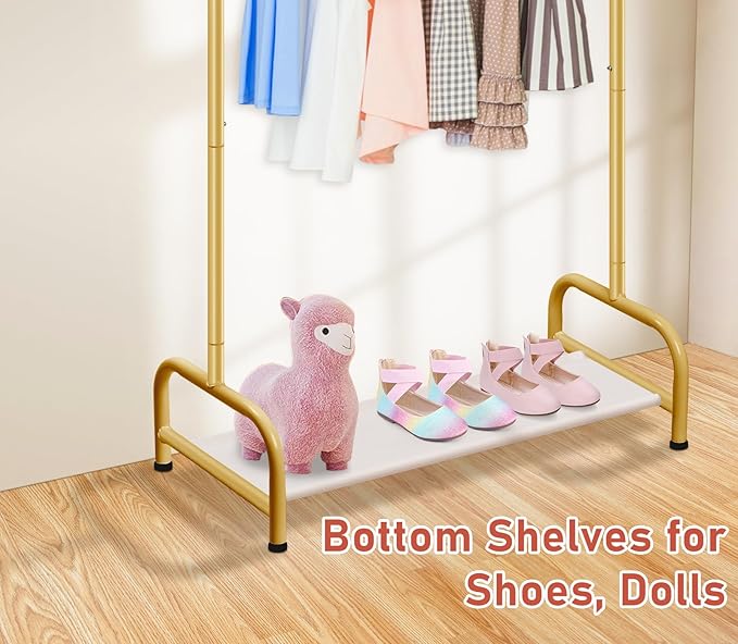 SLEEPING LAMB Baby Clothing Rack, Small Kids Clothes Rack with Bottom Storage Shelf, Child Clothes Hanger Rack for Coats, Metal Dance Costume Garment Rack for Hanging Clothes, Gold