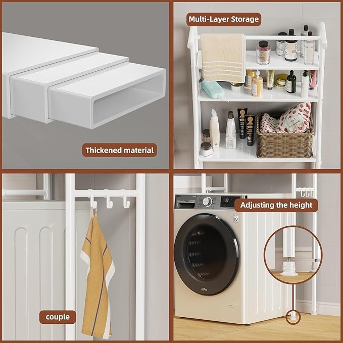Over The Washer and Dryer Storage Shelf, 3 Tier Laundry Room Metal Drying Rack with Towels Hangers, Space Saver Organizer for Hanging Clothes and Towels (Metal White SL1)