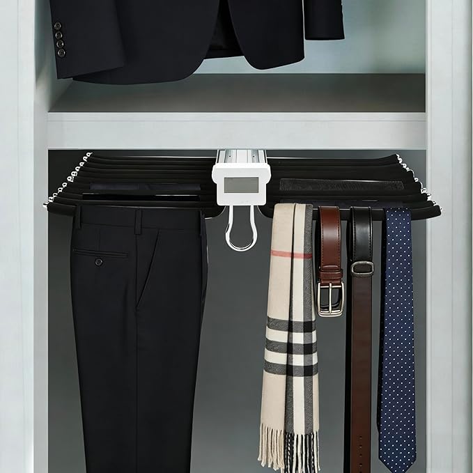 22 Arms Steel Slide Out Pants Rack Closet Pants Hanger Bar Pull Out Trousers Rack Tie Belts Scarf Racks, Top Mounted Wardrobe Clothes Organizers Rail Pull Out Closet Storage Rod-Black