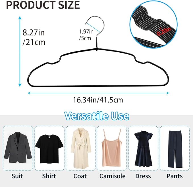20 Pack Rubber Coated Metal Clothes Hangers, 16-Inch Non-Slip Slim Coat Suit Hangers, Space Saving Metal Hangers with Notches for Dress, Camisole, Shirts