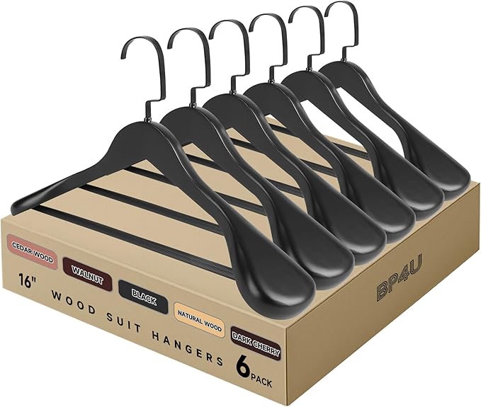 16-Inch Wooden Suit Hangers with Non Slip Pants Bar, 6-Pack Wood Extra-Wide Shoulder Hangers, Flat-Head Hook Hangers for Suits, Coats, Jackets, Shirts, Pants, and Heavy Clothes (Black)