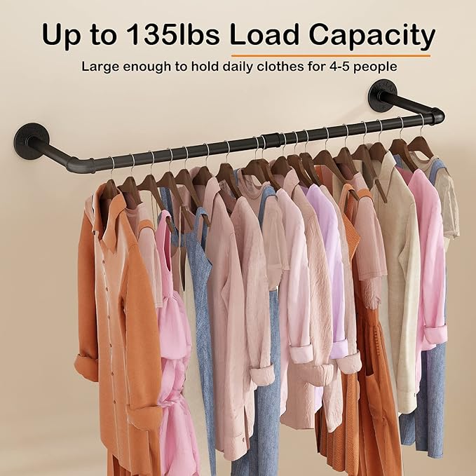 Wall Mounted Clothes Rack 38.4in, Industrial Pipe Wall Mount Clothing Rack, Heavy Duty Iron Garment Racks, Space Saver Multi-purpose Hanging Rod for Laundry Room, Closet Storage, 1 Pack