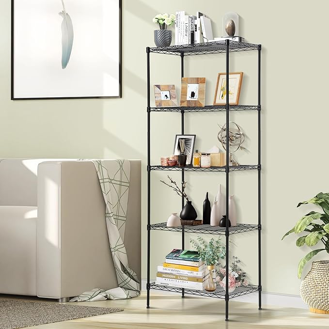 Storage Shelves Heavy Duty Metal Shelving Unit with Leveling Feet, 5 Tier Adjustable Garage Storage Rack, 750 LBS, Utility Metal Shelves for Pantry Kitchen Office (Black, 24" L x 14" W x60" H)