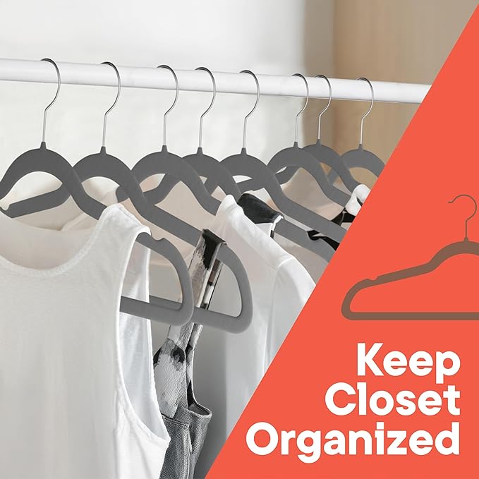 Gray Velvet Hangers 10 Pack – 360° Swivel Hook, Non-Slip and Space Saving Hangers, Heavy-Duty 11 lbs Weight Capacity - Smooth Velvet Finish for Crease-Free Clothes and Effortless Closet Organization