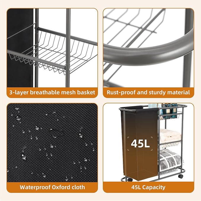 Rolling Laundry Cart with Wheels: 3-Tier Laundry Caddy Between Washer and Dryer - Heavy Duty Wrapping Paper Cart with 45L Bag for Narrow Space Laundry Room Bathroom Bedroom Black
