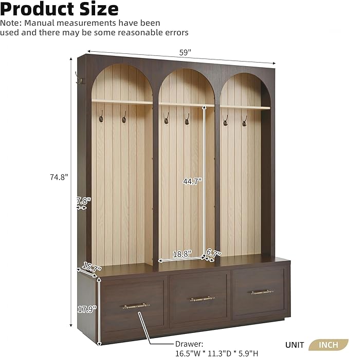 Farmhouse Hall Tree with Three Arched Design, All-in-One Design Wooden Coat Rack & Shoe Organizer with 3 Drawers, 59" Wide Entryway Bench with 8 Retro Hooks for Mudroom, Living Room (Dark Walnut//538)
