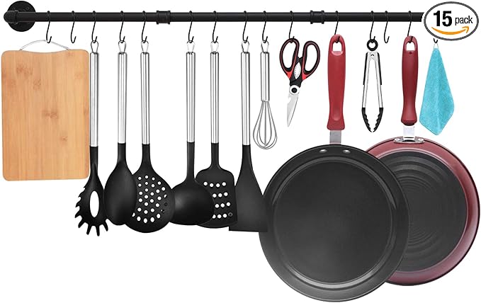 TLBTEK 50 inch Black Pipe Pot Bar Rack Wall Mounted Detachable Pans Hanging Rail Kitchen Lids Utensils Hanger Holders with 15 S Hooks