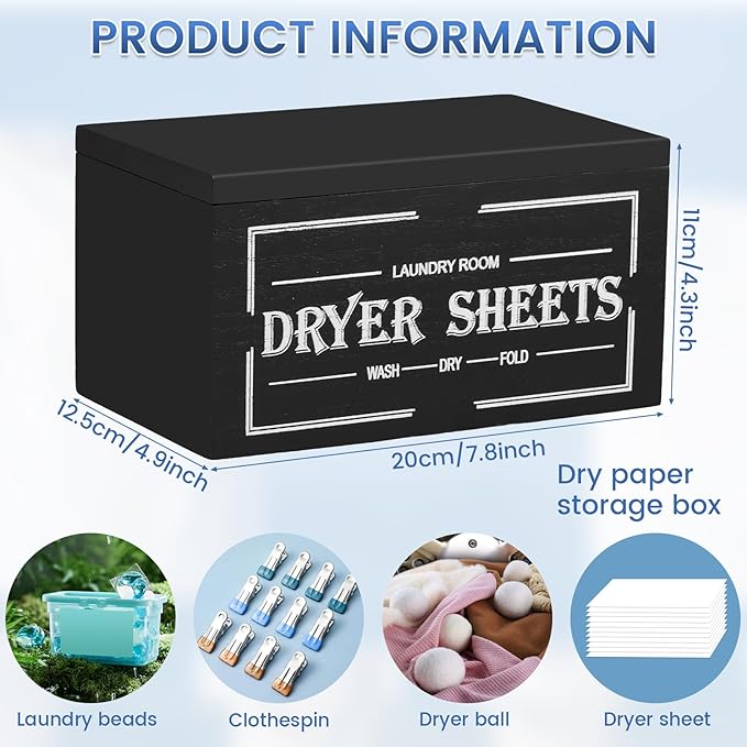 Dryer Sheet Holder and Lid, Dryer Sheet Container, Laundry Pods Dispenser, Laundry Pod Holder, Rustic Farmhouse Dispenser Laundry Room Decor Accessories, 7.9x4.9x4.3in (Black)