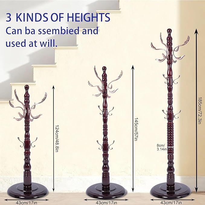 73" Wooden Freestanding Coat Rack，Easy to Adjust, Easy to Assemble for Children, Youth,Coat Rack Stand With Adults，18 Hooks and Round Solid Wood Base for Entrance Hallway Office Living Room (Metal)