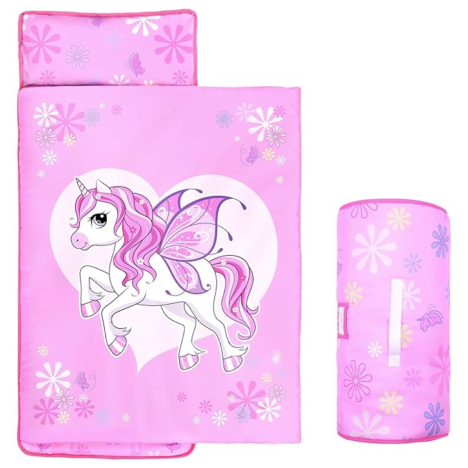 Unicorns Nap Mats for Preschool with Removable Pillow and Blanket Kids Sleeping Bag with Pillow Reinforced Stitching Machine-Washable, Soft Nap Mats for Daycare, Travel, Camping 53"x21"