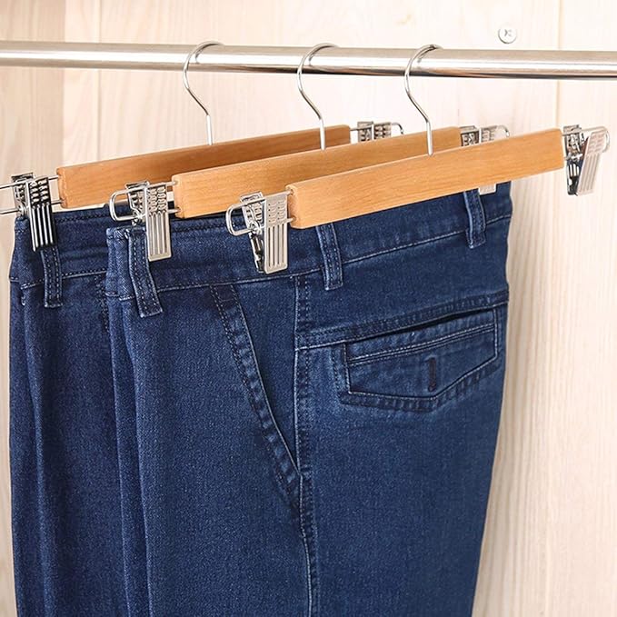 Tosnail 15 Pack 14" Natural Wooden Hangers Skirt Pants Clothes Hangers with Clips and 360° Swivel Hook, Heavy Duty Jeans Hangers - Natural