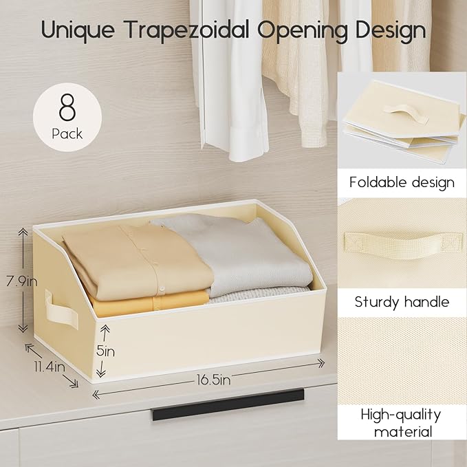 Large Closet Organizers and Storage Bins - 8 Pack Trapezoid Storage Baskets for Shelves, Foldable Fabric Baskets with Handles Ideal for Closet, Basket, Wardrobe and Shelf Storage, Beige