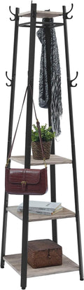 VASAGLE Coat Rack, Coat Stand with 3 Shelves, Hall Tree Free Standing with Hooks for Scarves, Bags, Umbrellas, Steel Frame, Industrial Style, for Entryway, Living Room, Greige and Black ULCR080B02