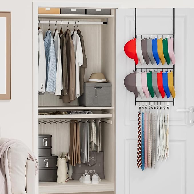 Consumest Over Door Hat Organizer - 3 Tier Wall Mounted Hat Rack with 16 Hooks and 10 Movable Clips, Hanging Baseball Cap Storage Holds up to 26 Caps for Door, Bedroom, Closet USPTO Patent Pending